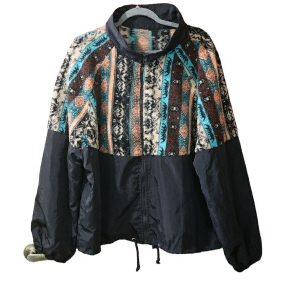 Unbranded Fleece Windbreaker Jacket 2XL Full Zip Peach Blue Southwestern Print - Picture 1 of 12